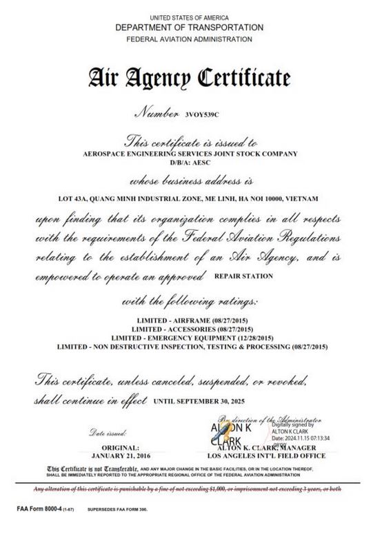 FAA Air Agency Certificate 3VOY539C Renewal